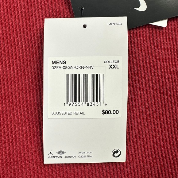 Oklahoma Sooners X Air Jordan Thermal Shirt Mens XXL Waffle Knit Fleece Lined - Picture 6 of 7